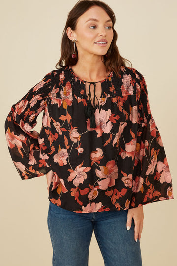HY8664 Black Womens Textured Floral Smocked Tie Front Top Front